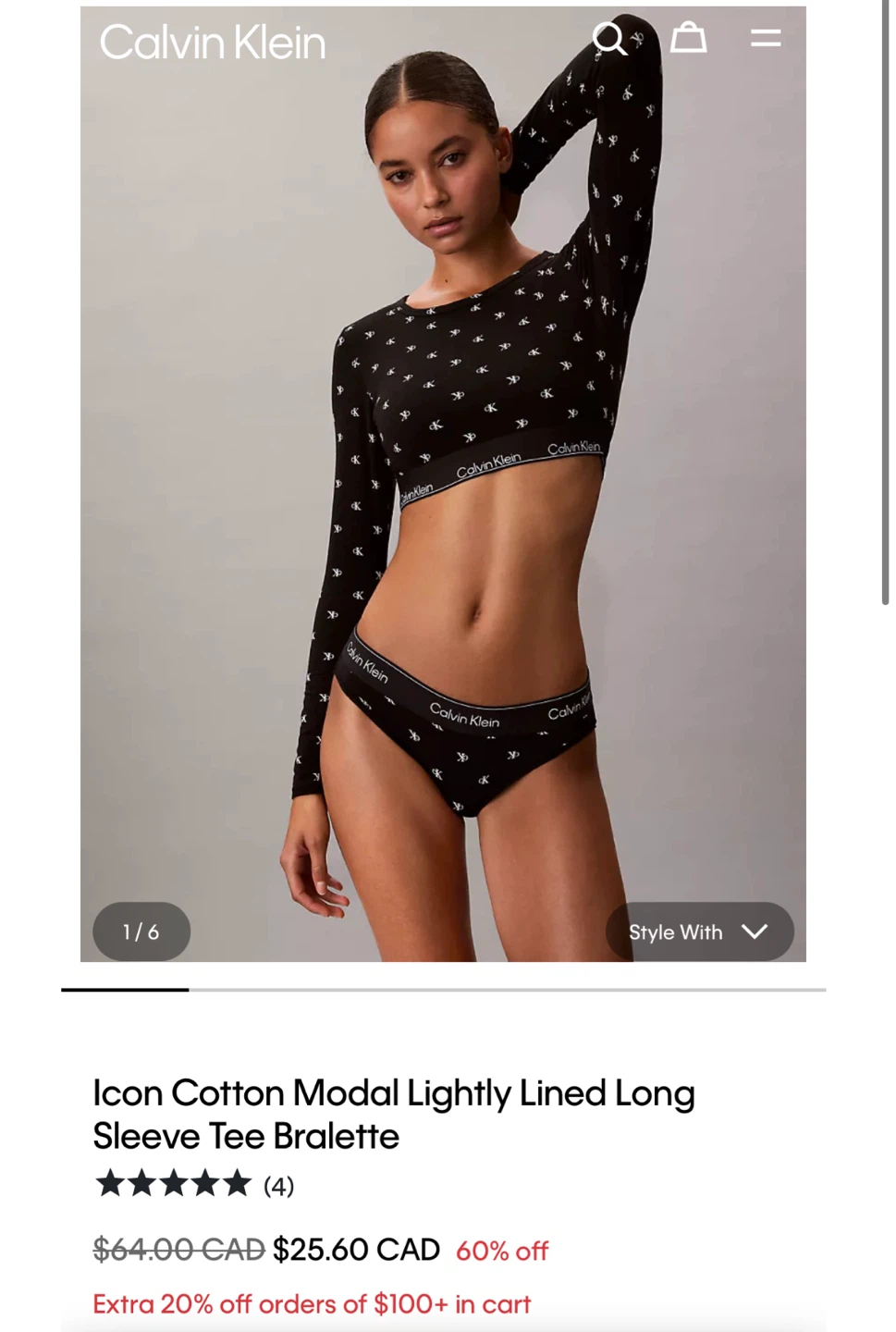 Calvin Klein Icon Cotton Modal Long Sleeve Tee Bralette - Black