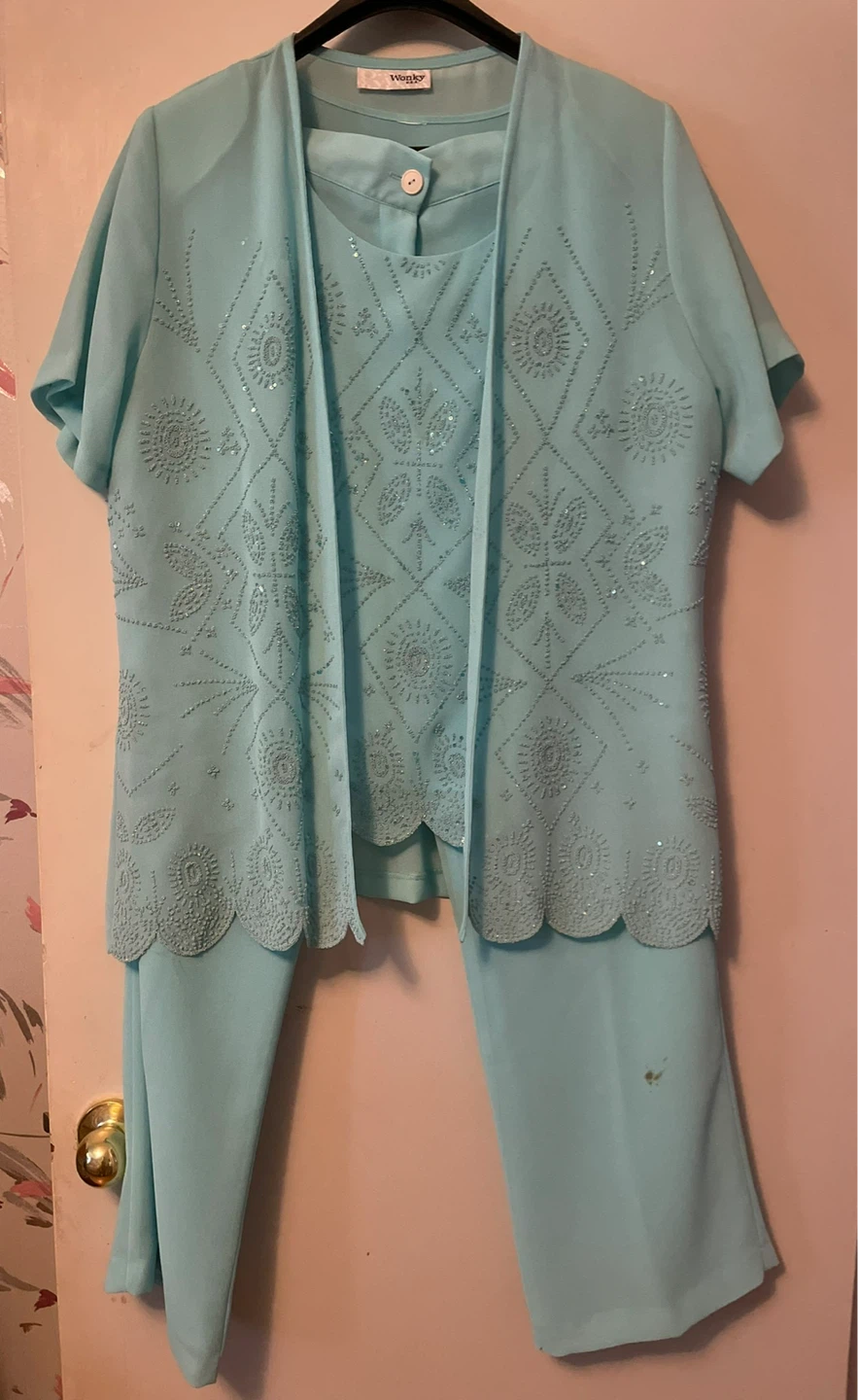 Large Chiffon Light Blue Beaded 3-Piece Outfit