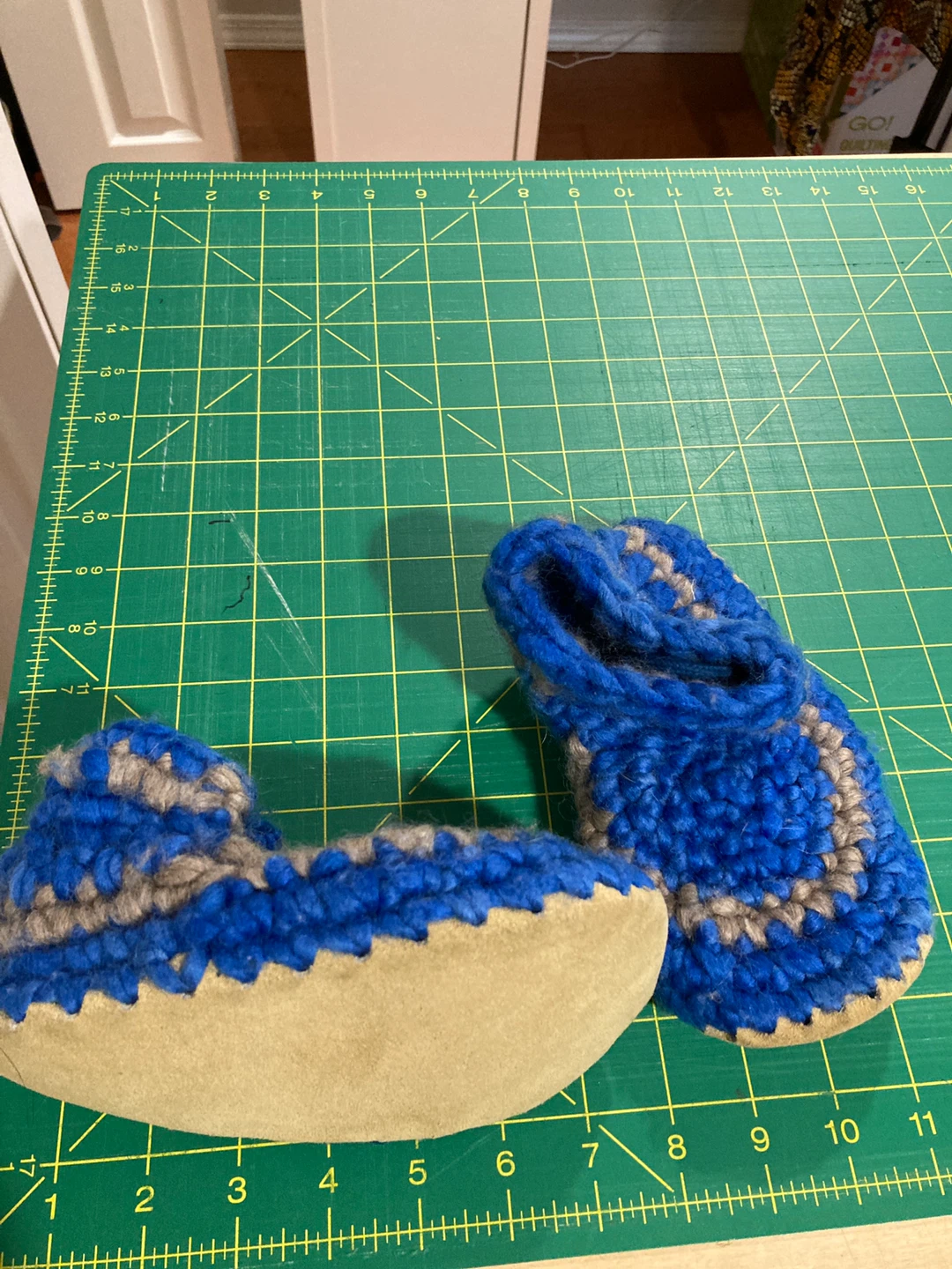 Blue and Grey Knit Slippers with Suede Sole