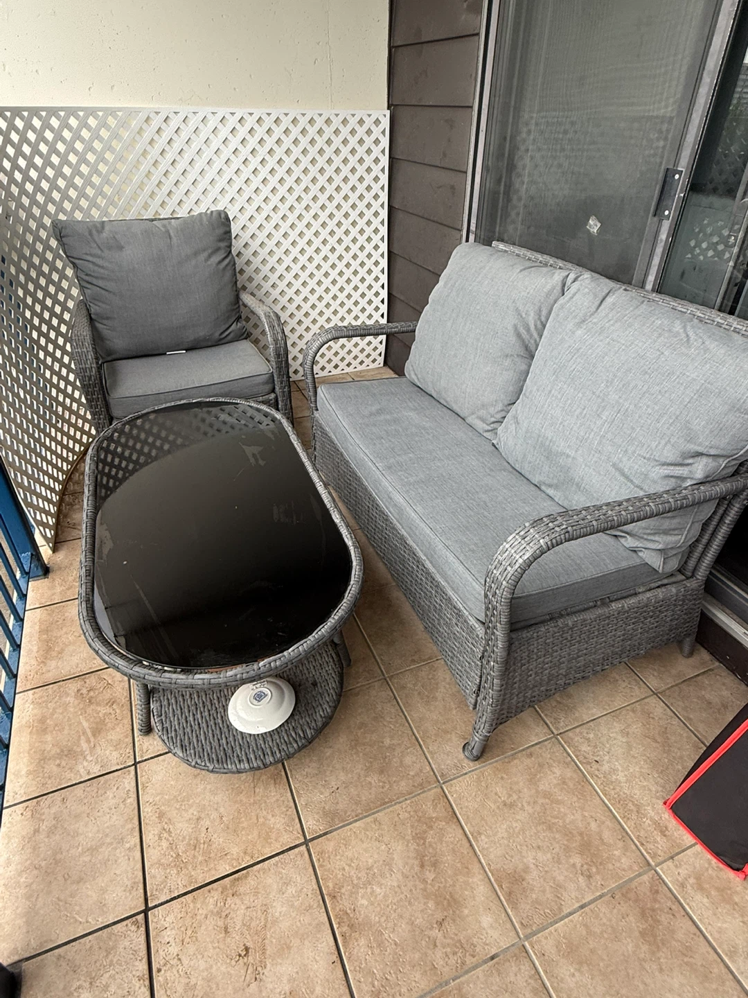 Grey Wicker Patio Set - Loveseat, Chair & Table