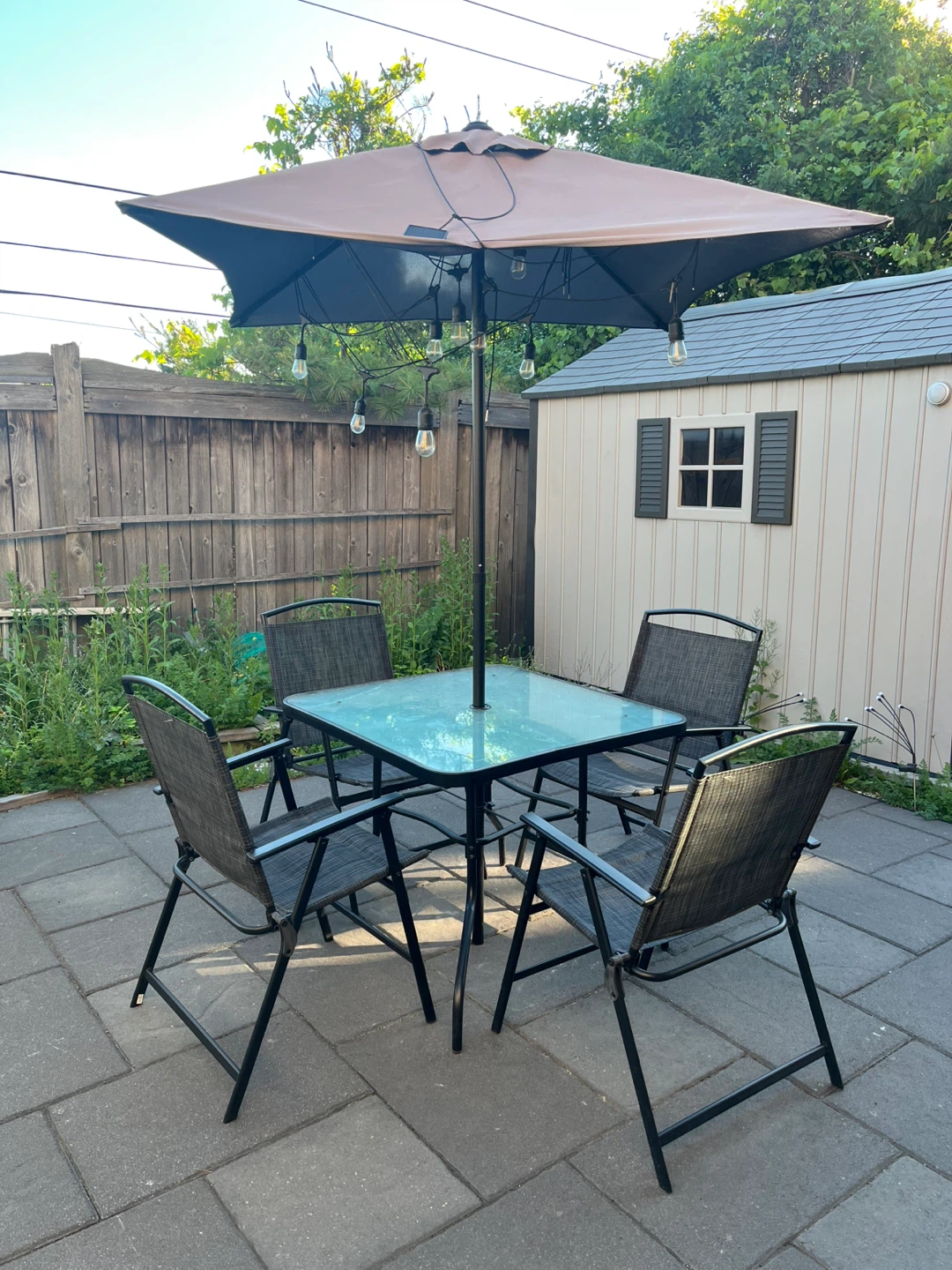 Glass Top Patio Table and Chairs Set with Umbrella