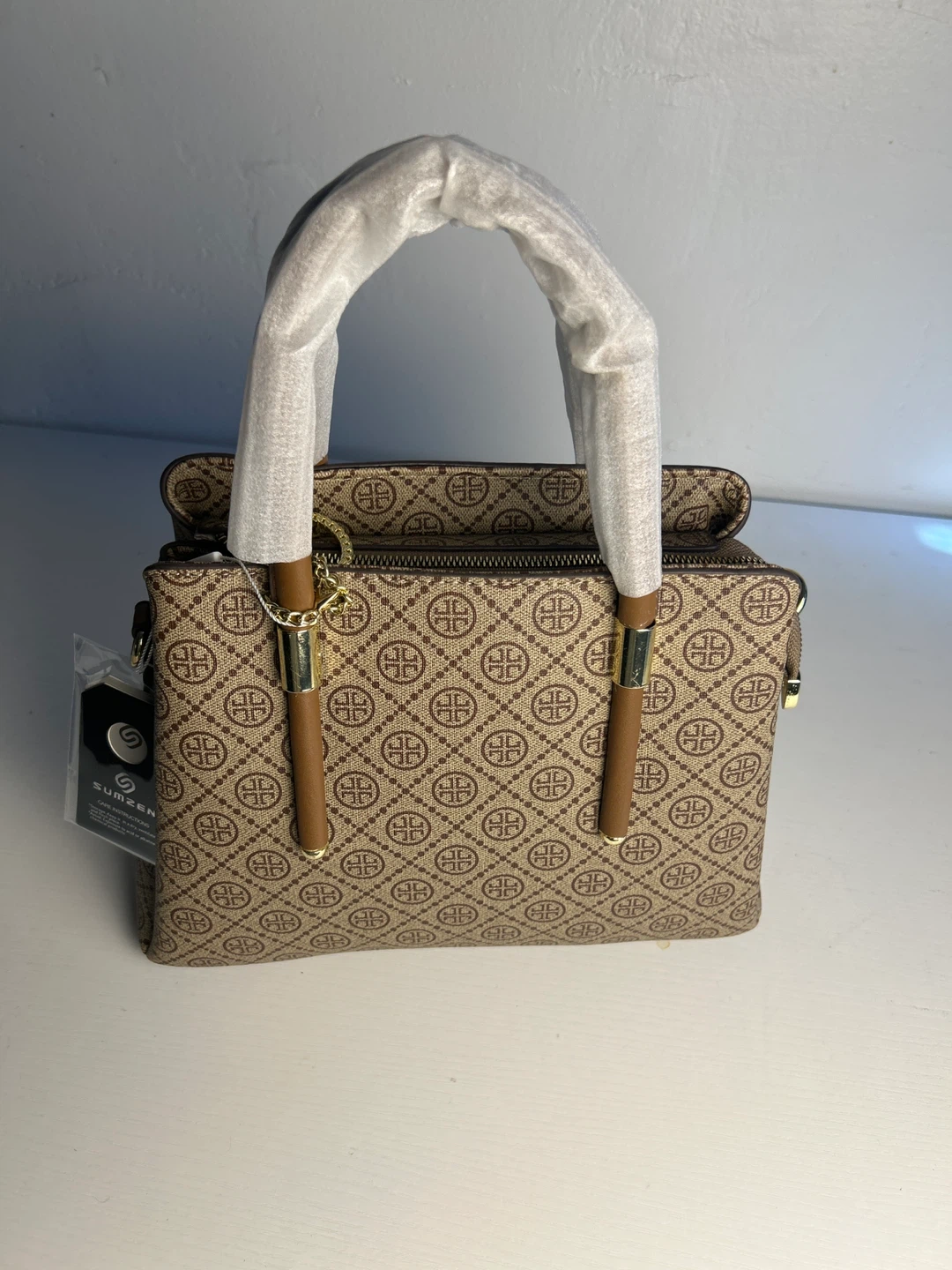 SUMZEEN Brown Monogram Satchel Handbag