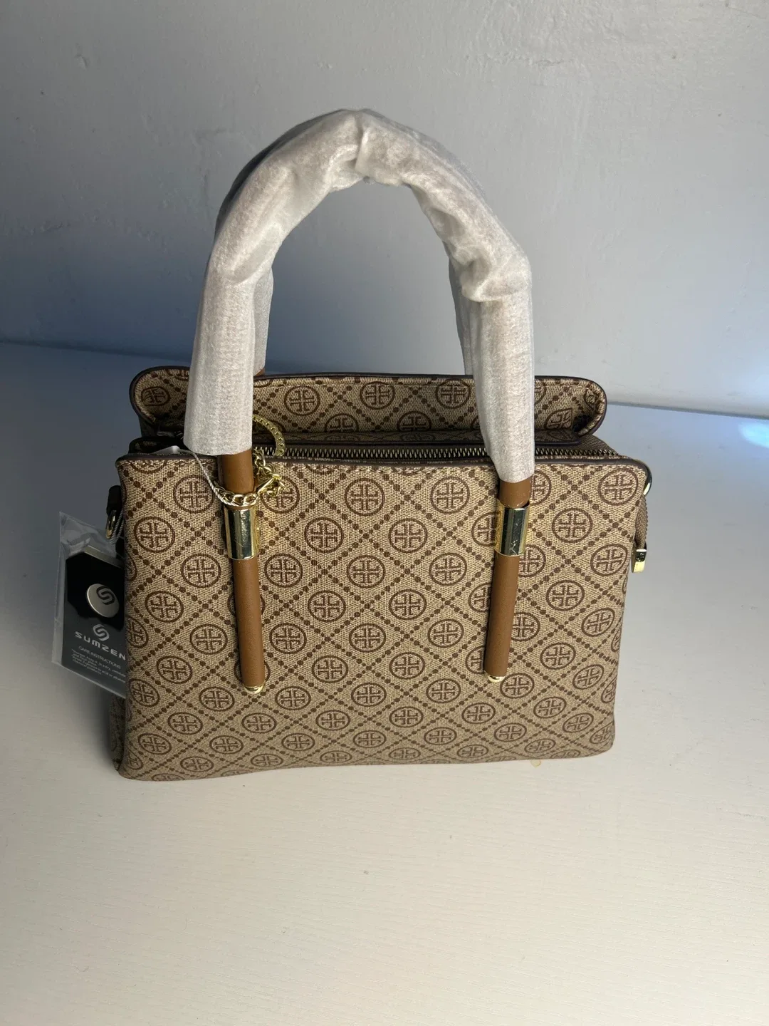 SUMZEEN Brown Monogram Satchel Handbag