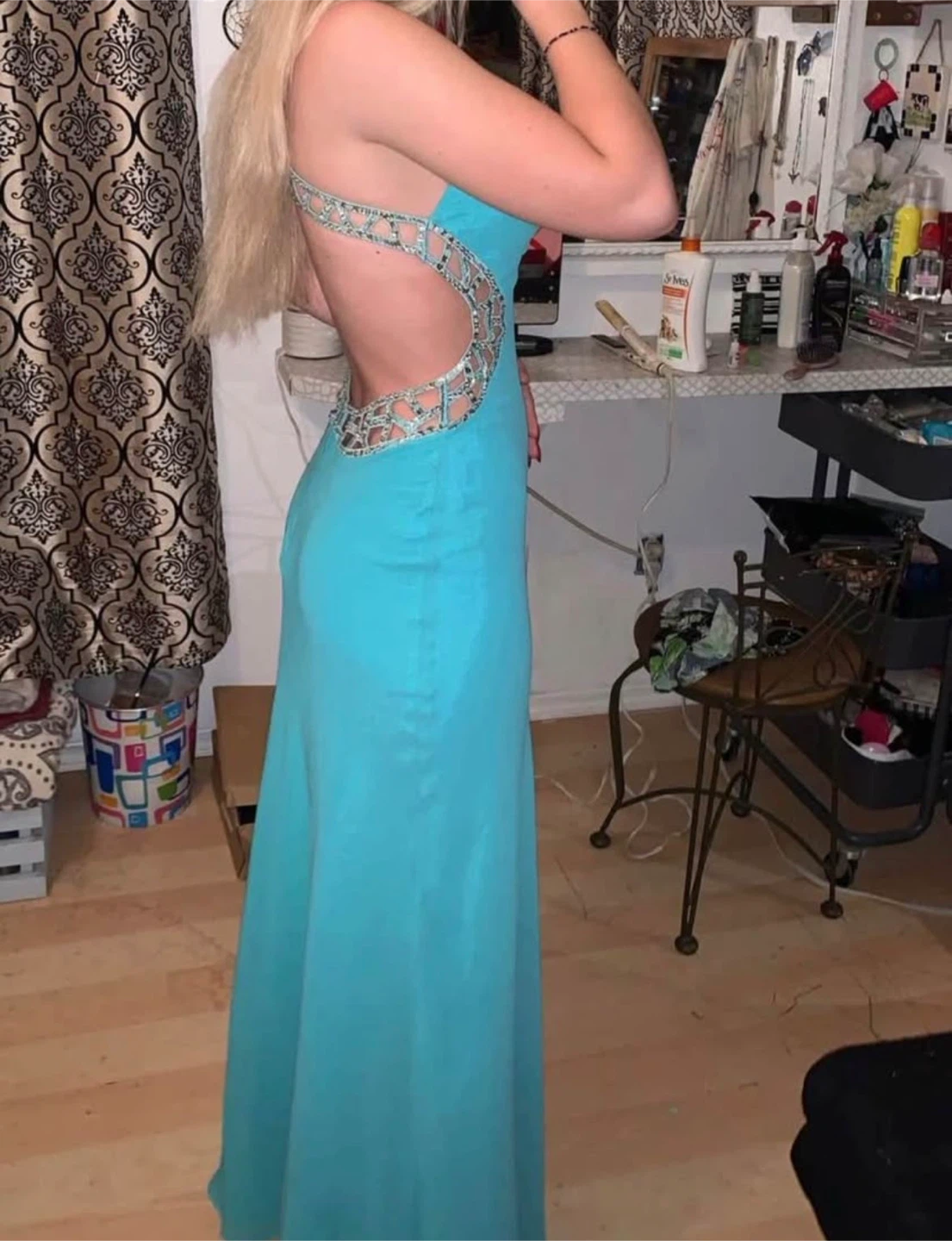Teal Embellished Backless Formal Dress
