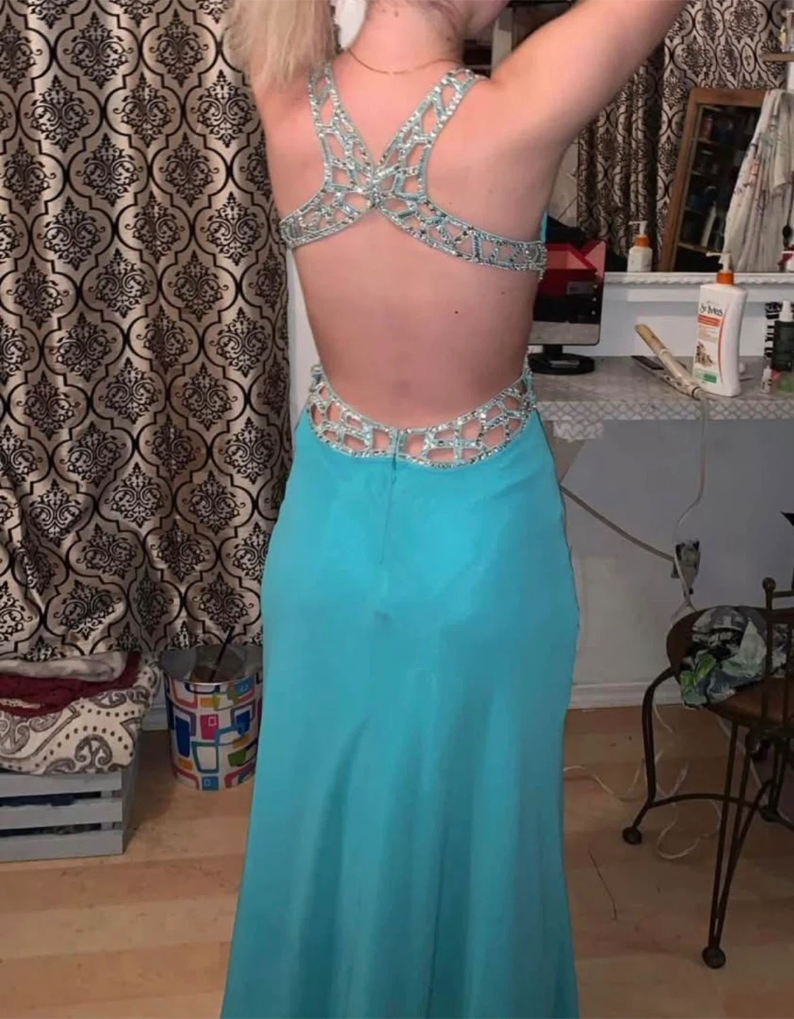Teal Embellished Backless Formal Dress - photo 2