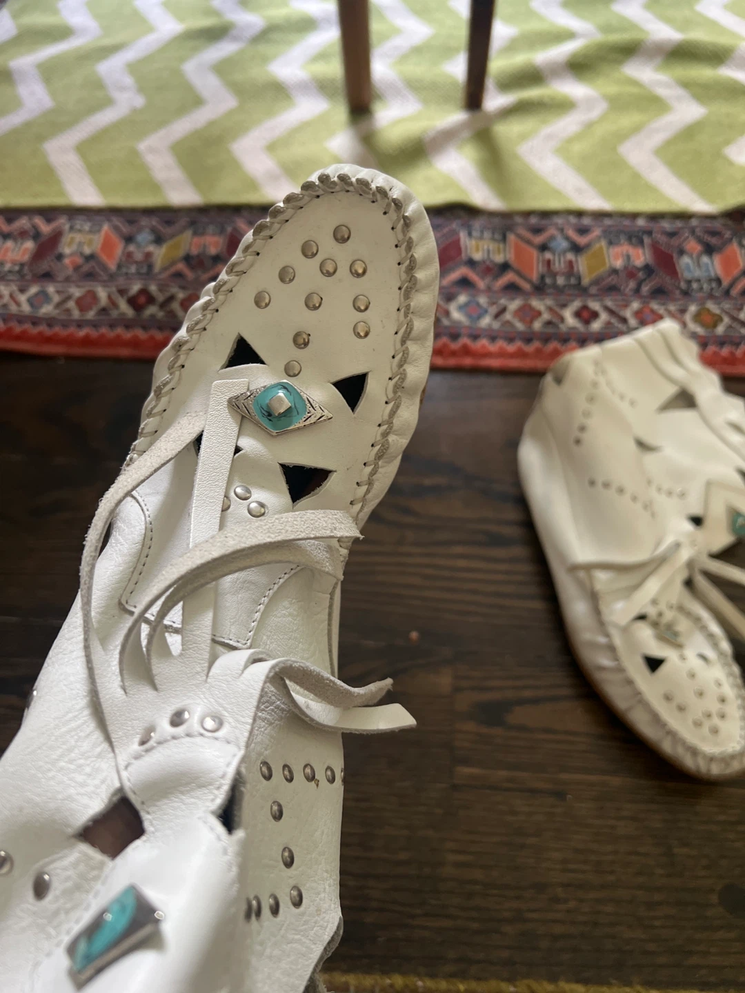 White Leather Moccasin Boots with Studs and Turquoise Accents - photo 2