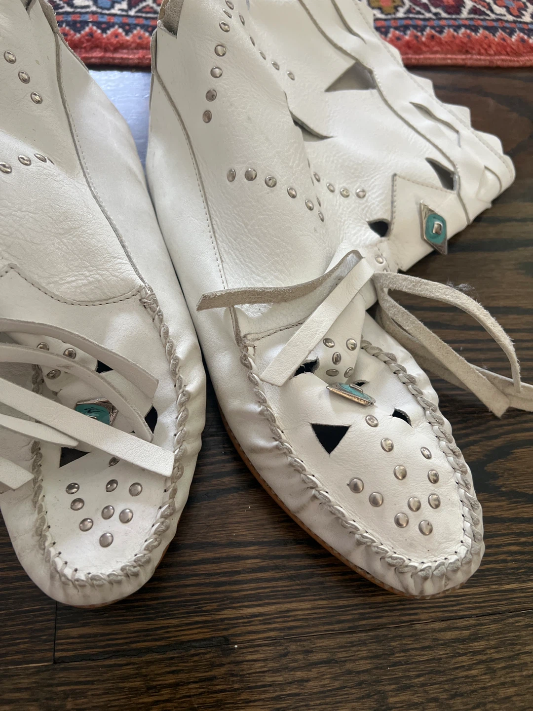 White Leather Moccasin Boots with Studs and Turquoise Accents
