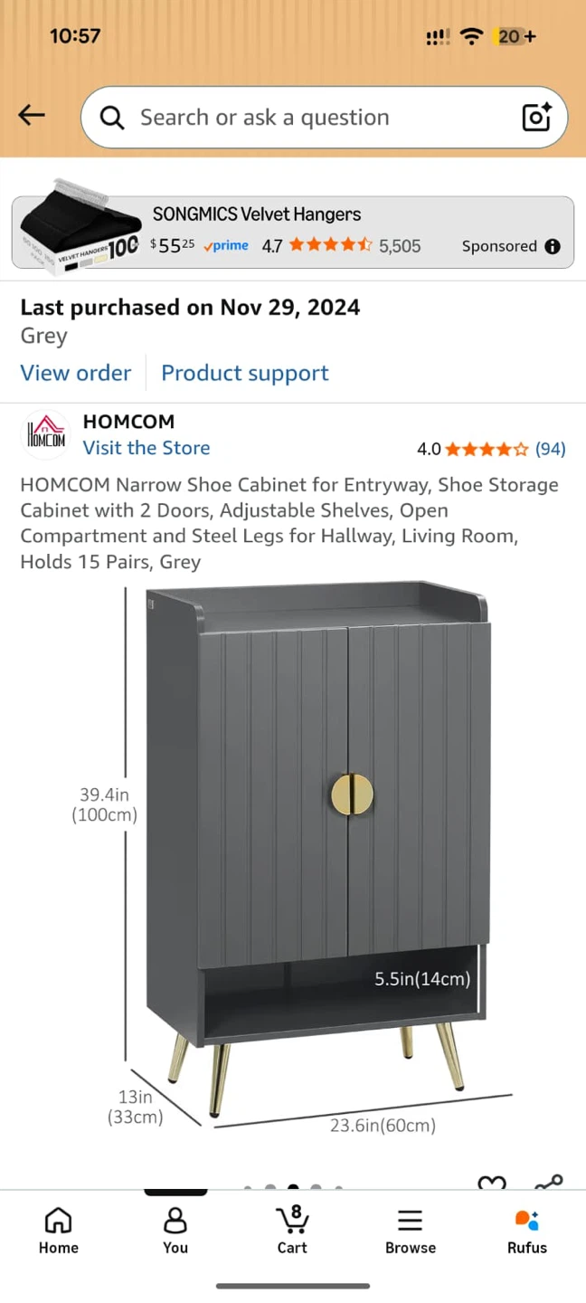 HOMCOM Narrow Shoe Cabinet with 2 Doors - Grey