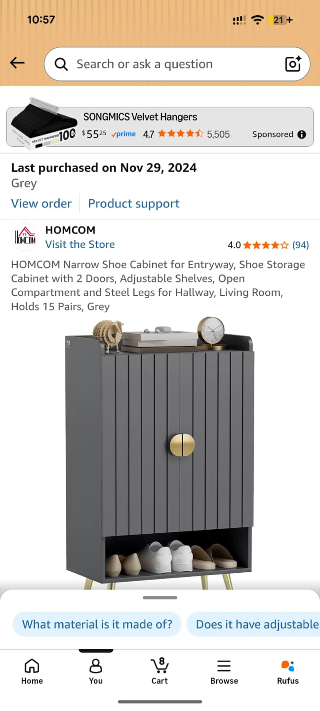 HOMCOM Narrow Shoe Cabinet with 2 Doors - Grey - photo 3