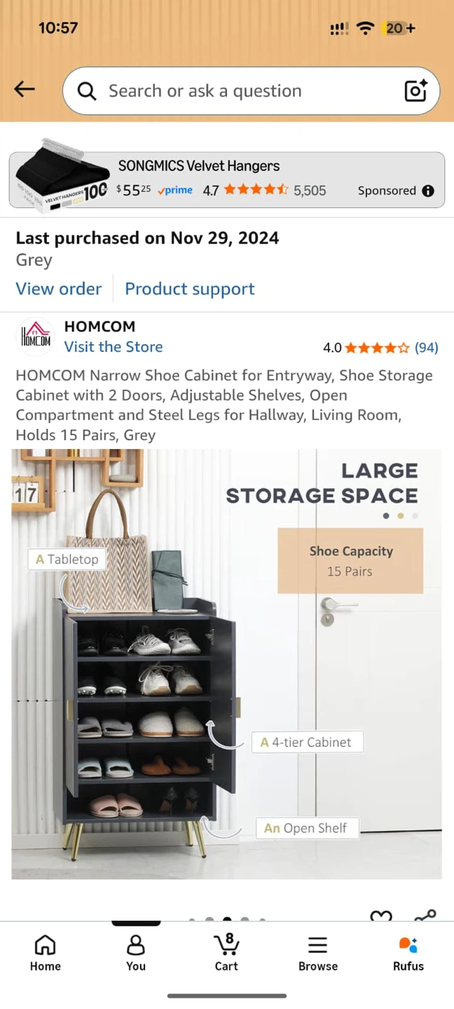 HOMCOM Narrow Shoe Cabinet with 2 Doors - Grey - photo 4