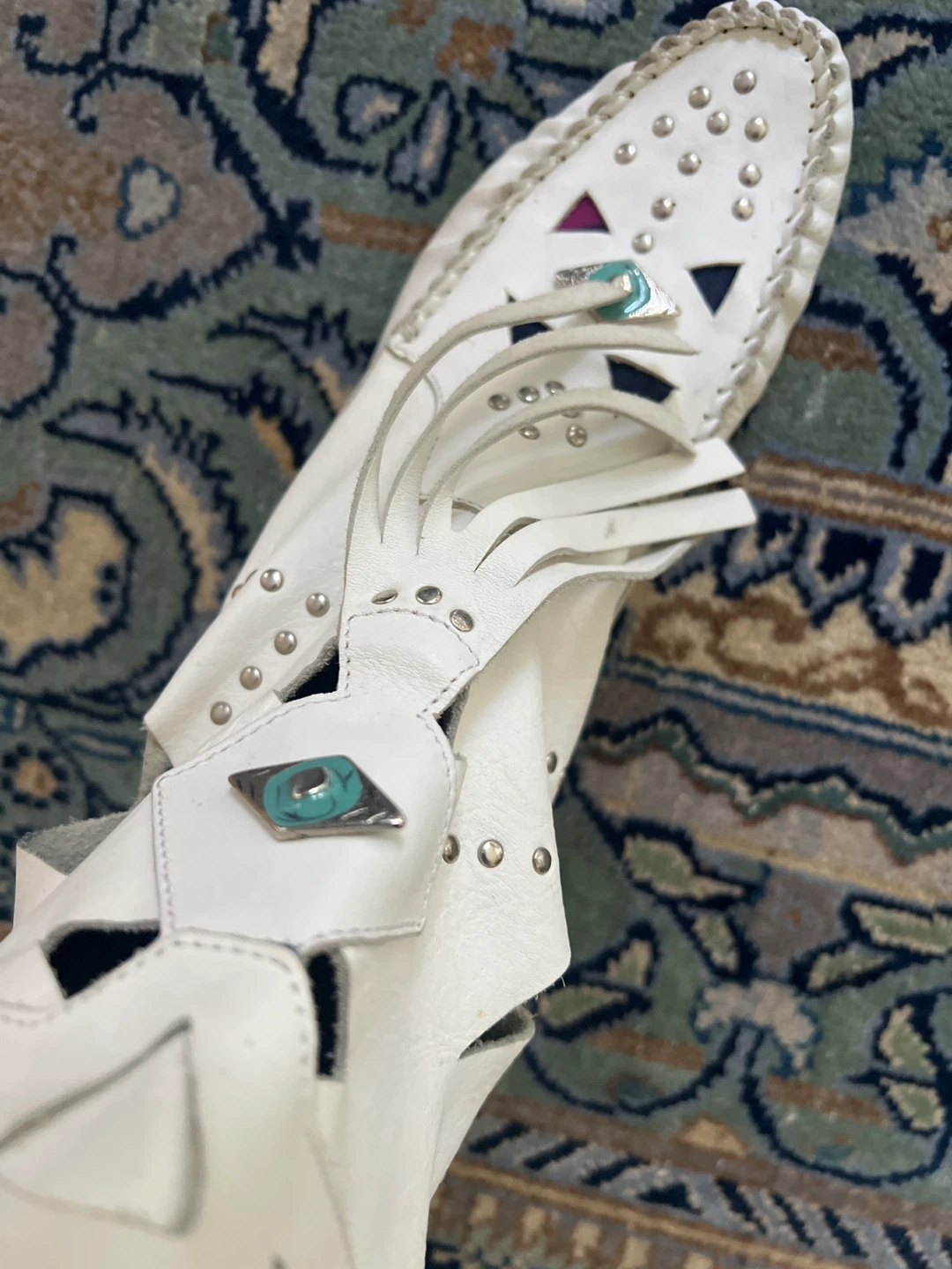 White Leather Moccasin Boots with Studs and Turquoise Accents - photo 4