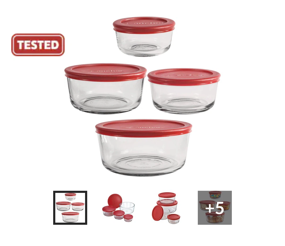 Anchor Hocking Glass Bowls with Red Lids (Set of 7)