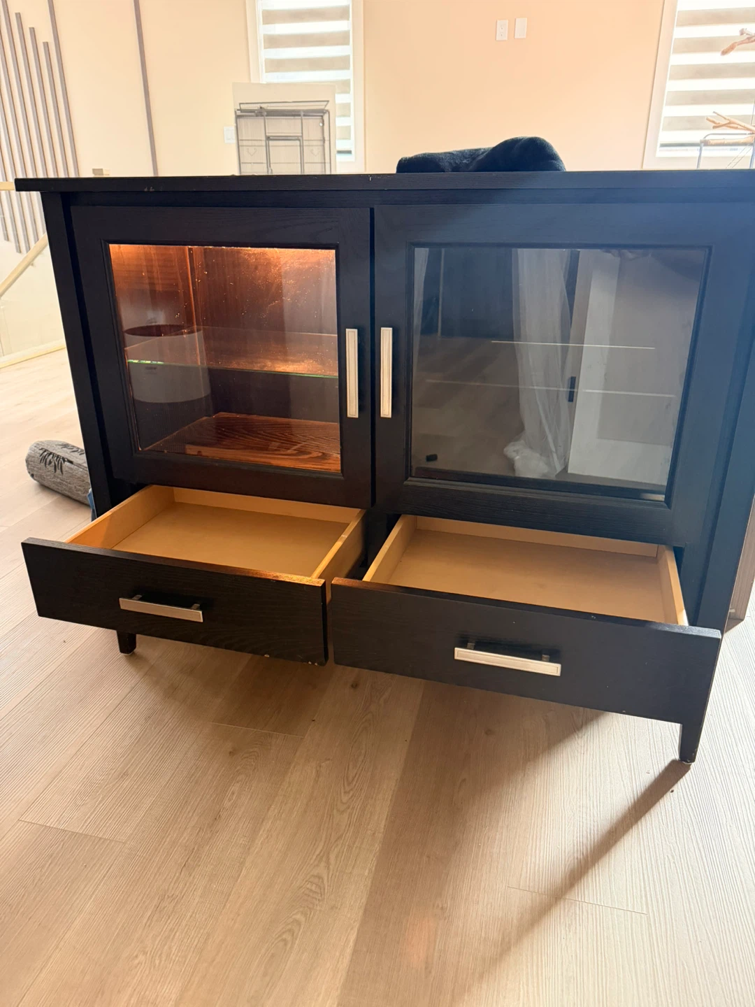 Black Glass Door Cabinet with Drawers