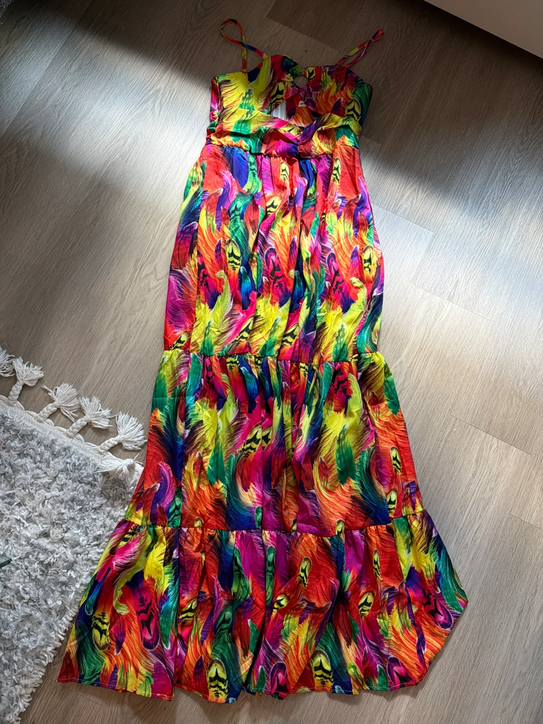 Vibrant Feather Print Maxi Dress