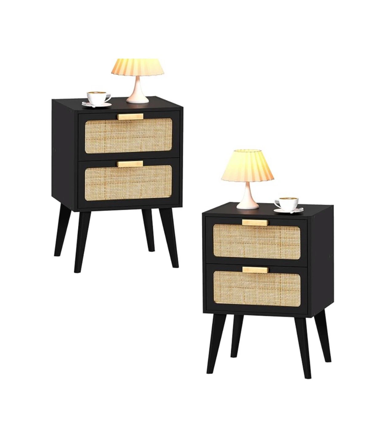 Black 2-Drawer Nightstand with Rattan Detail