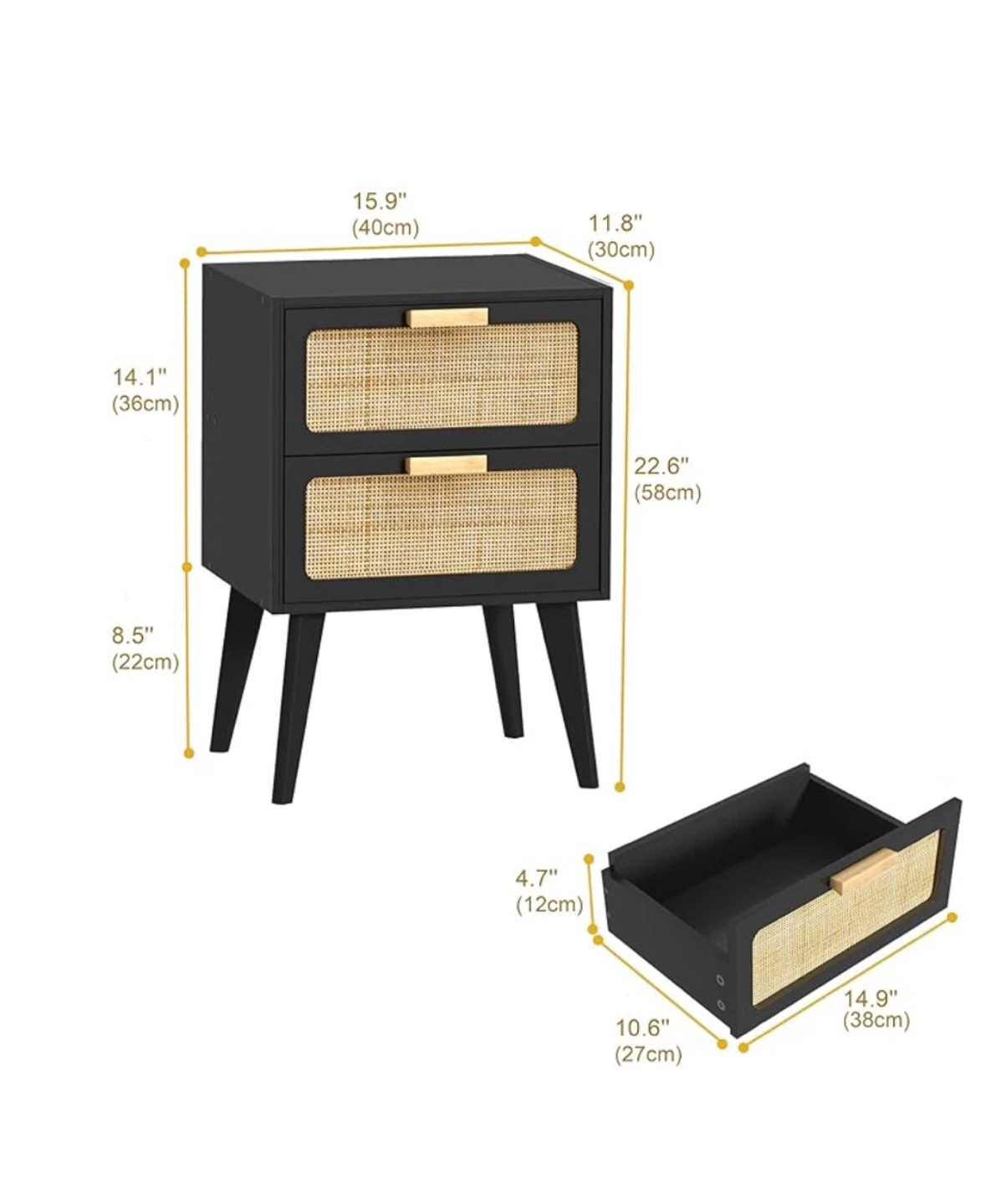 Black 2-Drawer Nightstand with Rattan Detail - photo 2