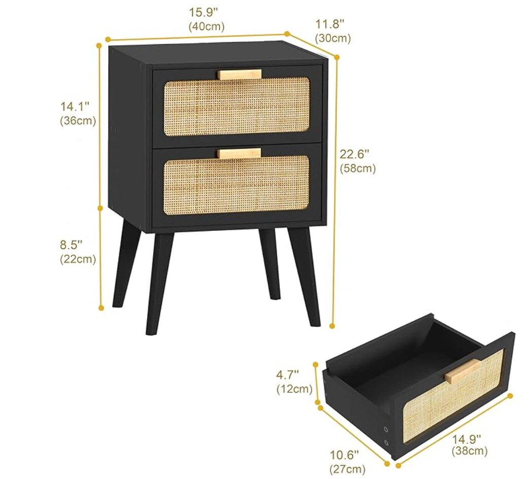 Black 2-Drawer Nightstand with Rattan Detail - photo 3