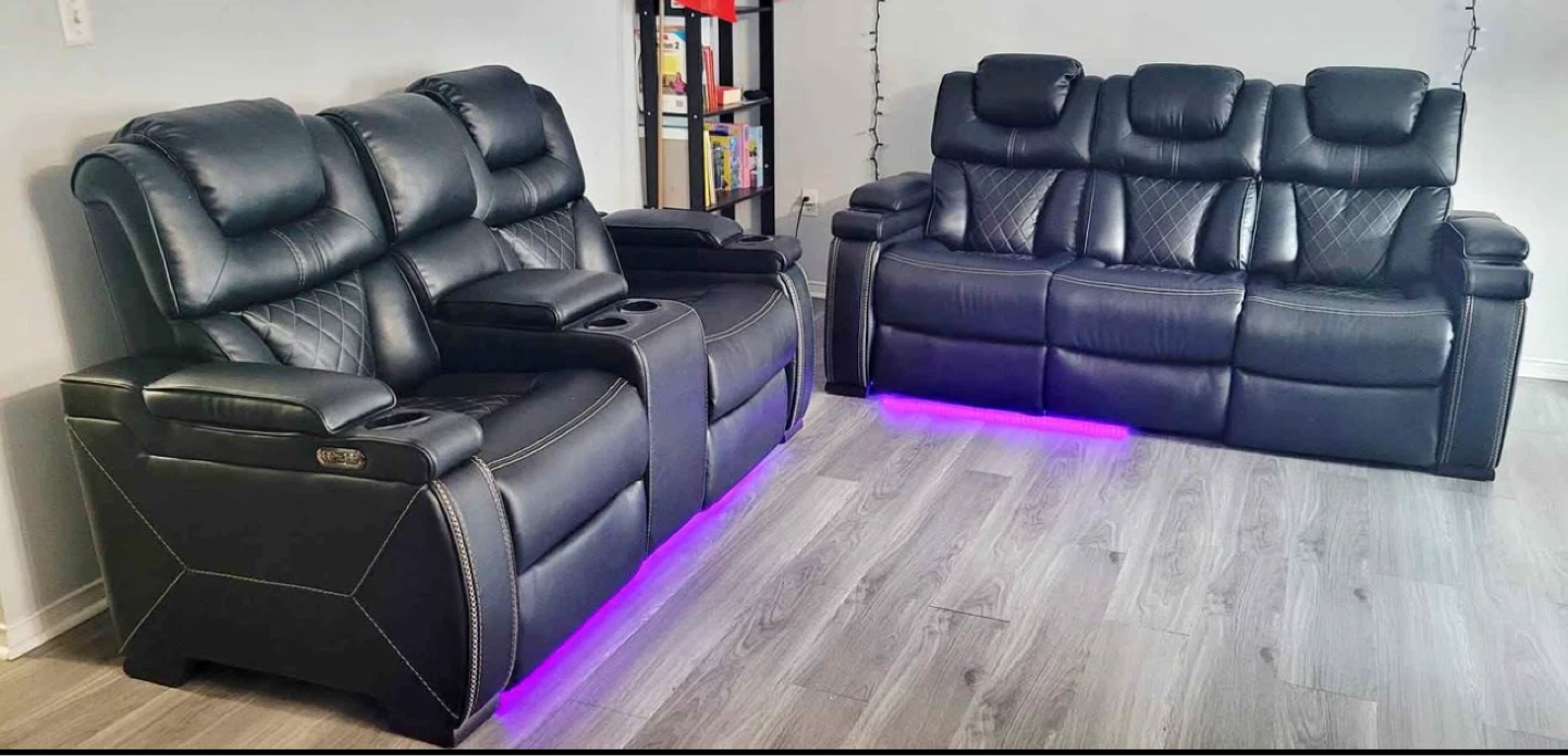 Black Leather Reclining Loveseat and Sofa Set with LED Lights