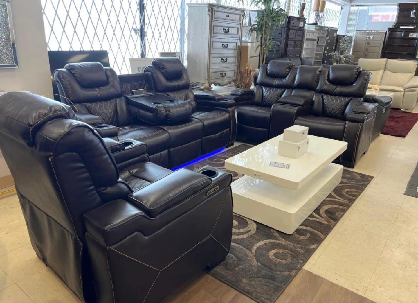 Black Leather Power Reclining Sofa Set with LED Lighting
