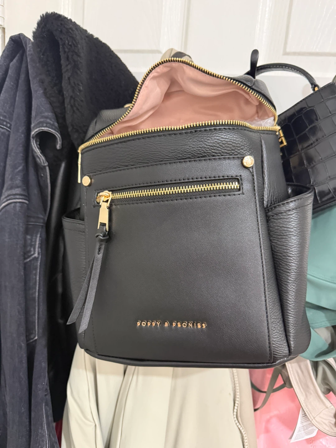 Poppy & Peonies Black Leather Backpack