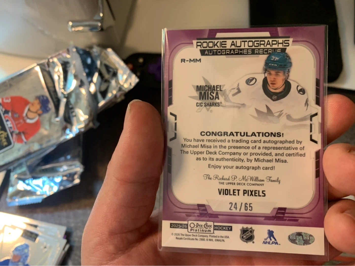 2025-26 UD OPC Platinum Michael Misa Rookie Autograph Card 24/65 - photo 2
