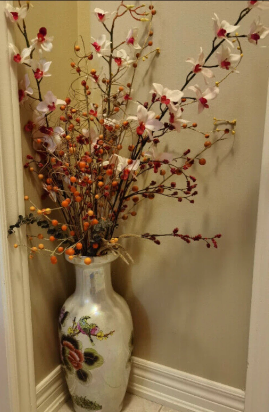Large chinese Decorative Vase with Faux Floral Arrangement