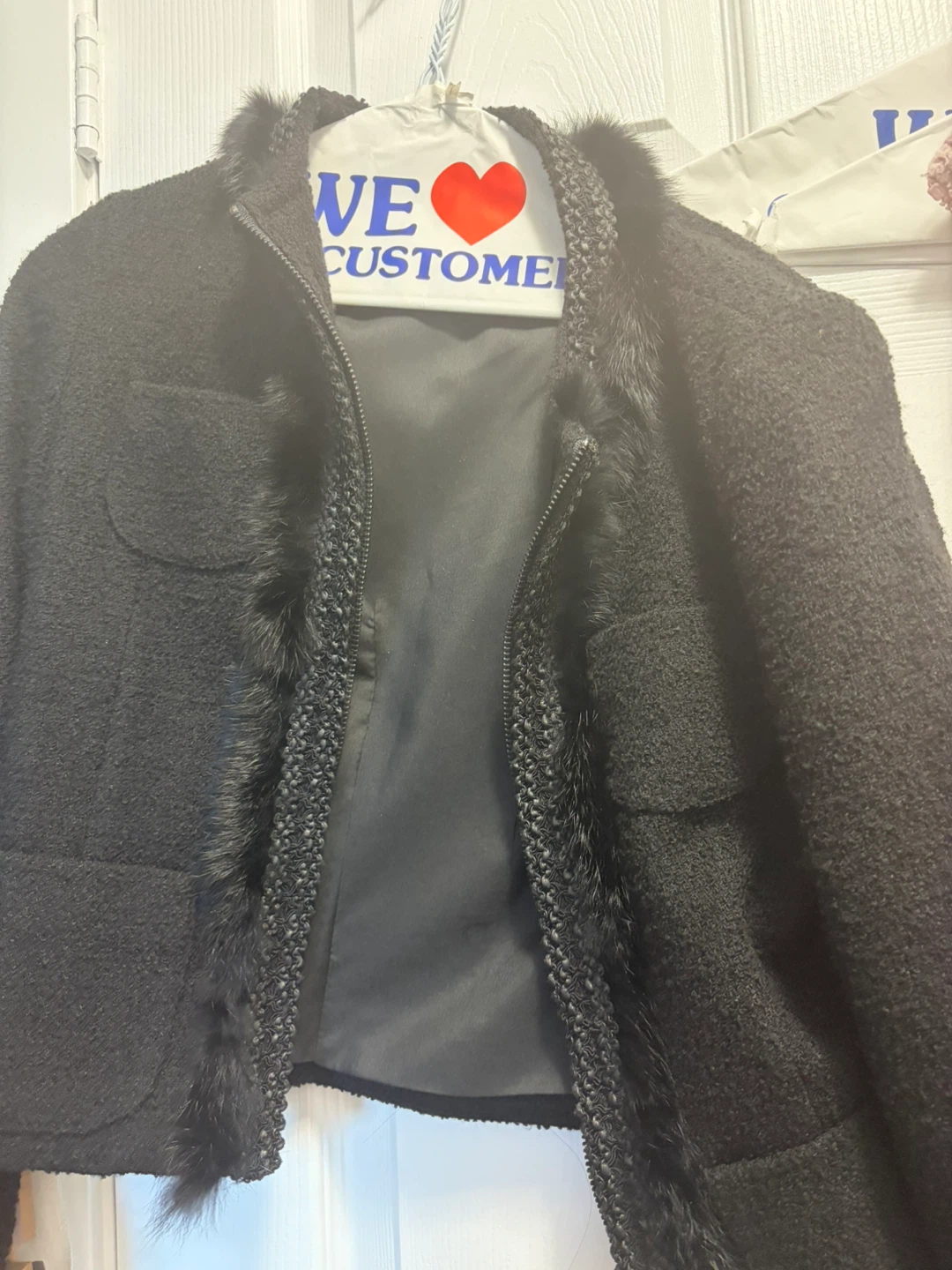 Black Textured Jacket with Fur Trim
