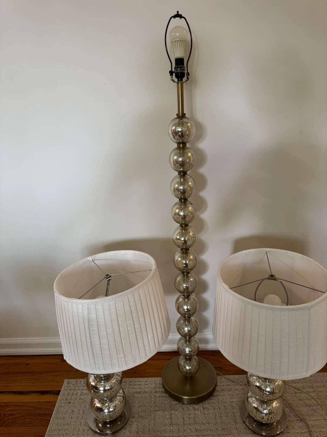 Pair of Silver Bubble Table Lamps with White Pleated Shades