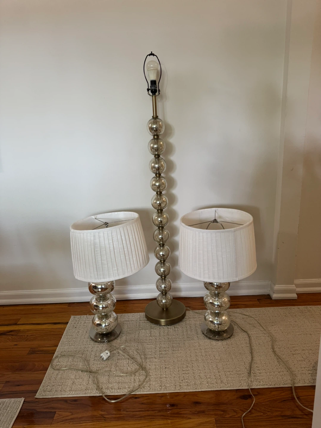 Pair of Silver Bubble Table Lamps with White Pleated Shades - photo 2