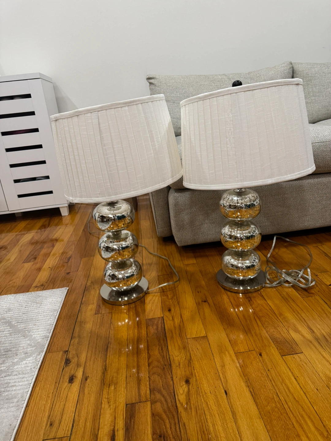 Pair of Silver Bubble Table Lamps with White Pleated Shades - photo 3