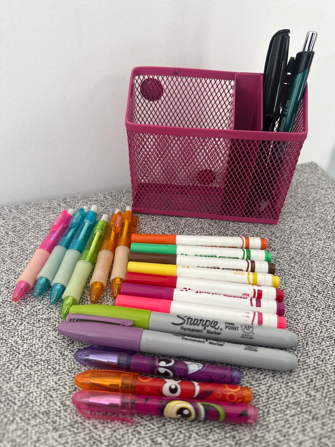Pink Desk Organizer with Assorted Pens & Markers