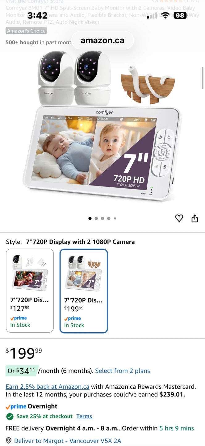 Comfyer 7" Split-Screen Baby Monitor with 2 Cameras