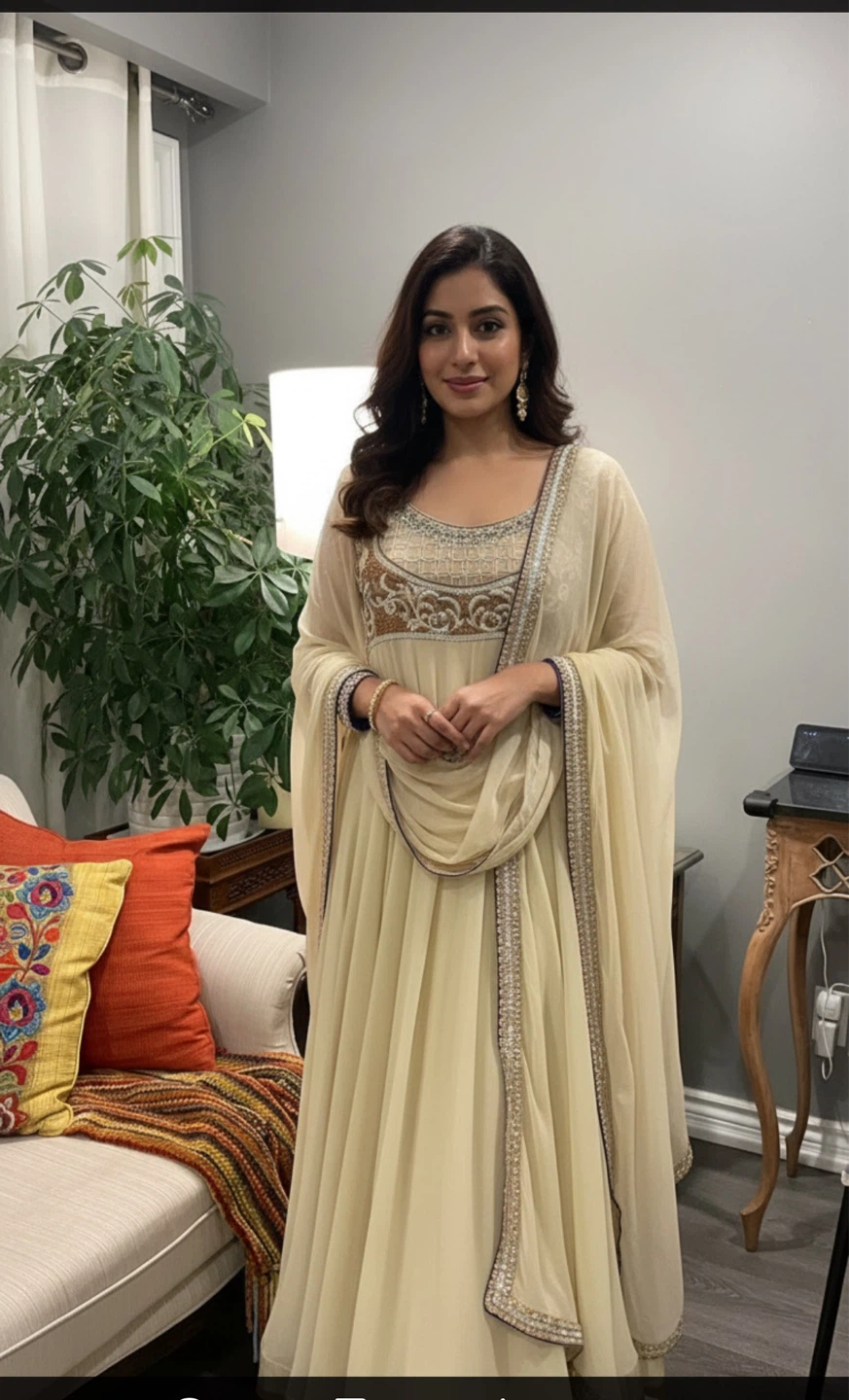 Cream Anarkali Suit with Embellished Neckline - photo 4