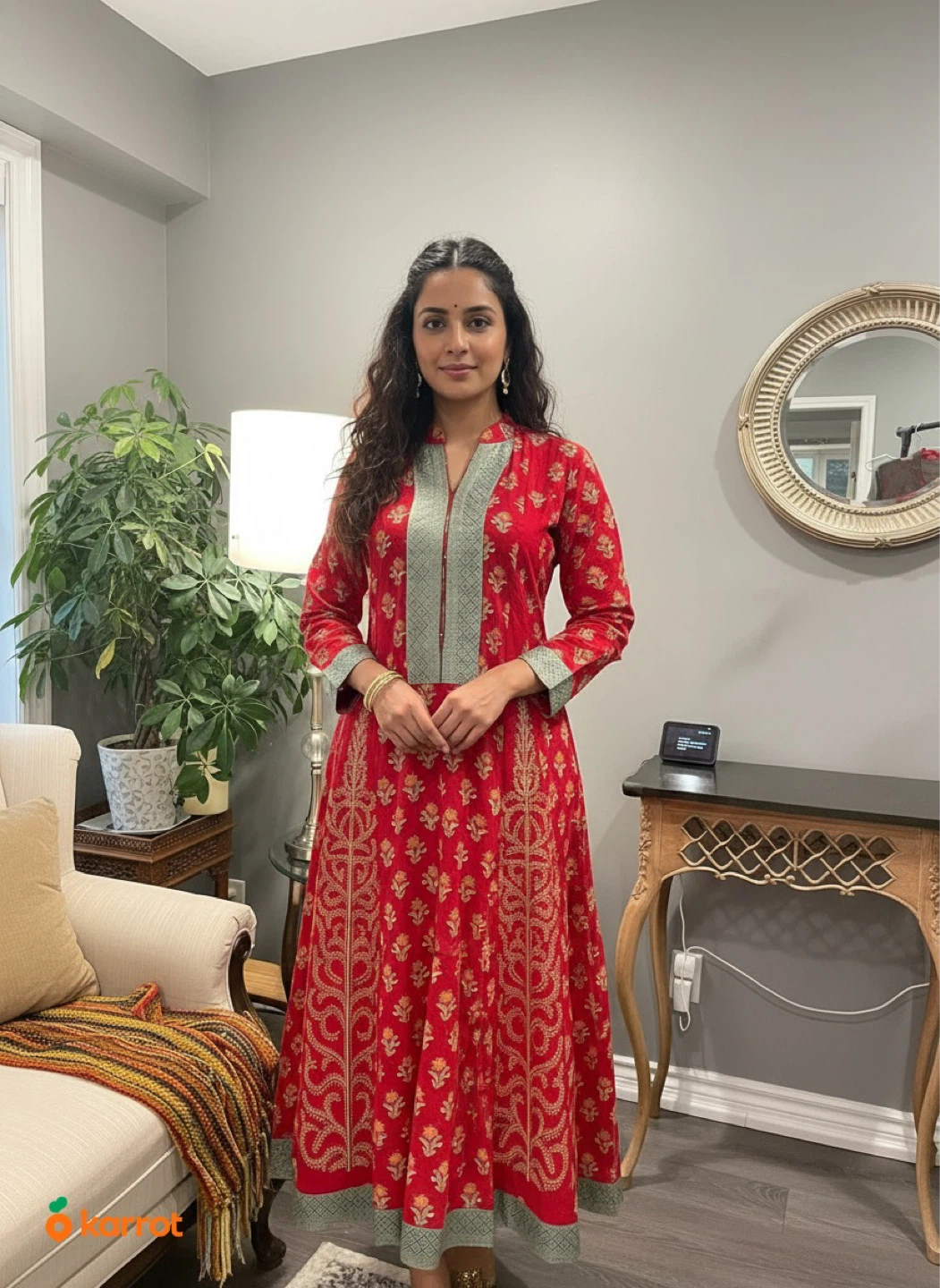 Cream Anarkali Suit with Embellished Neckline