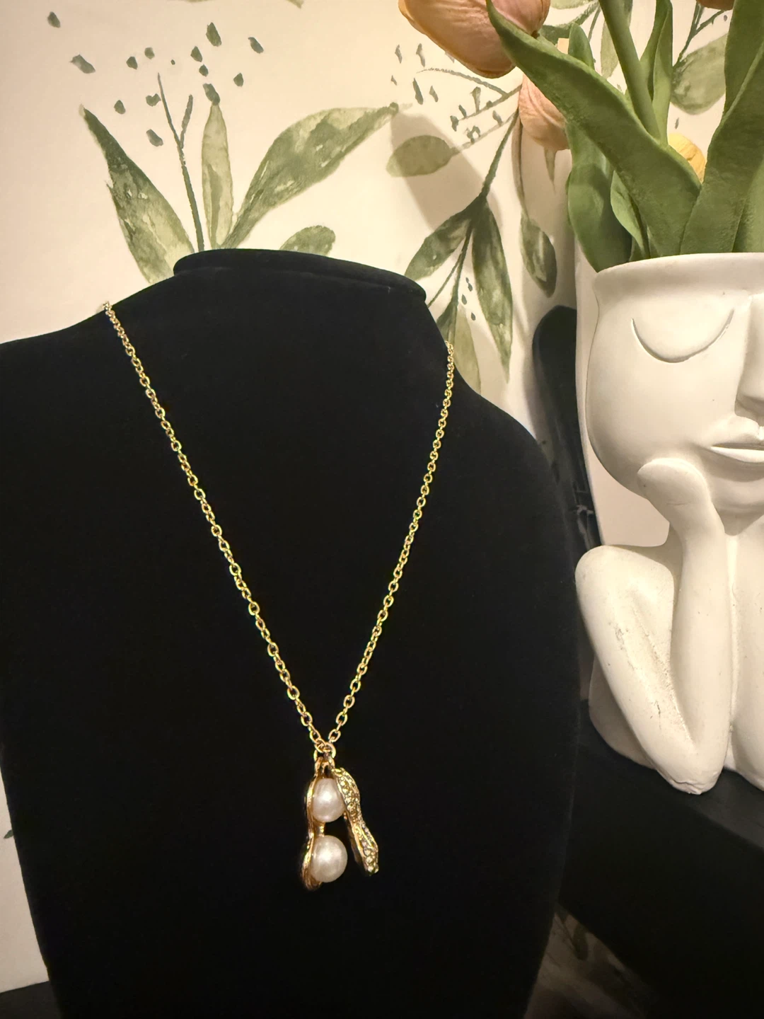 Gold Tone Necklace with Pearl and Crystal Peanut Pendant