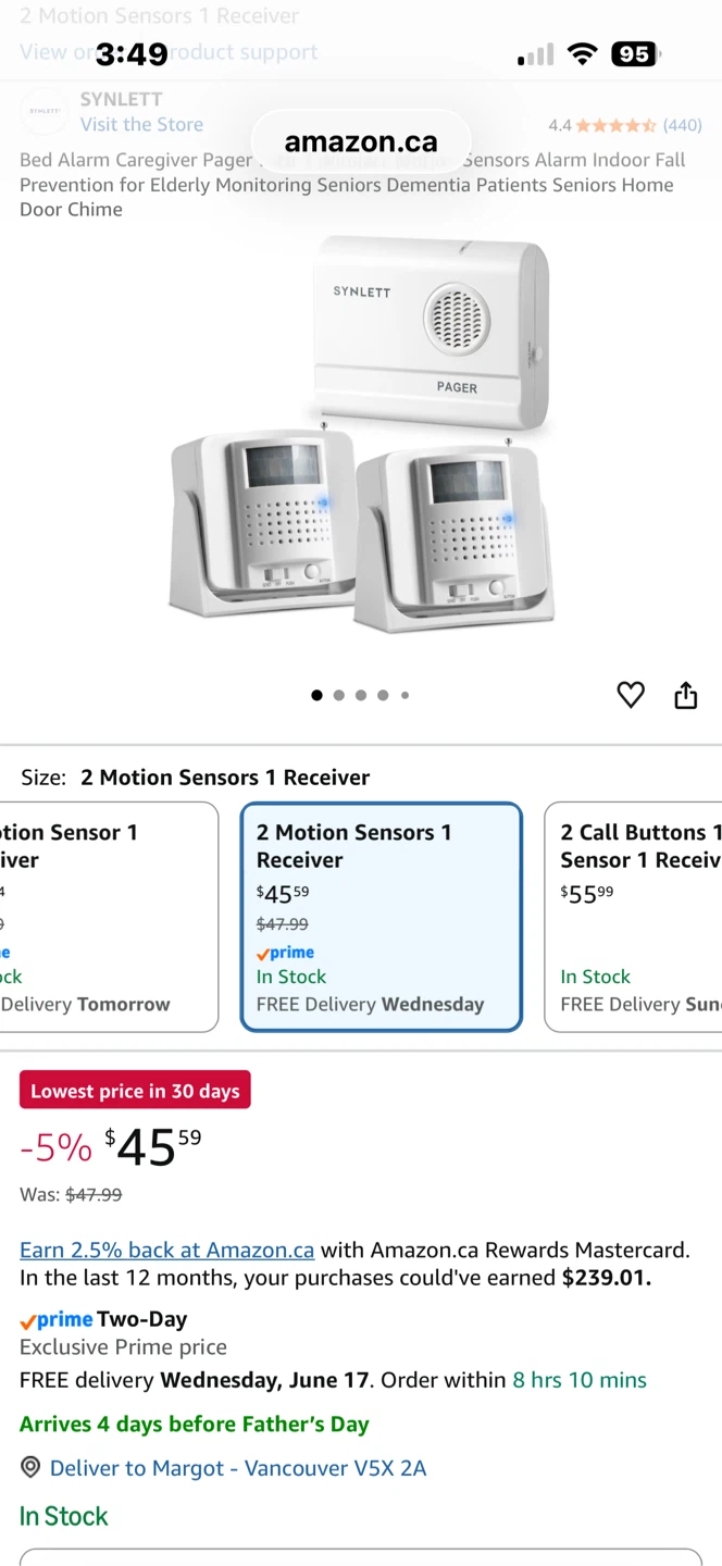 Synlett Portable Caregiver Pager 2 Motion Sensors 1 Receiver