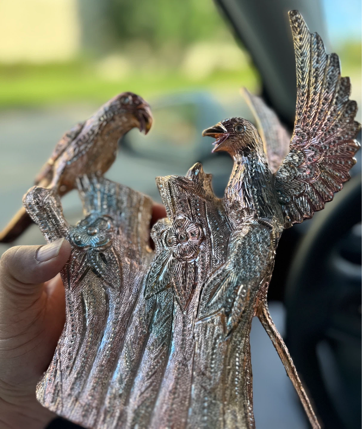 Vintage Bird Figurine on Tree Stump (made with metal)