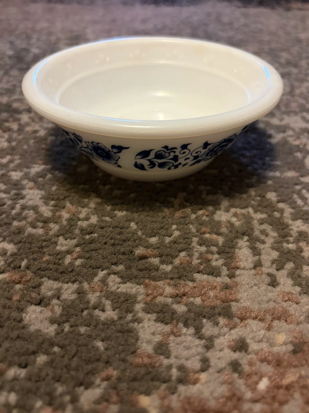 Small White Milk Glass Bowl with Blue Floral Design