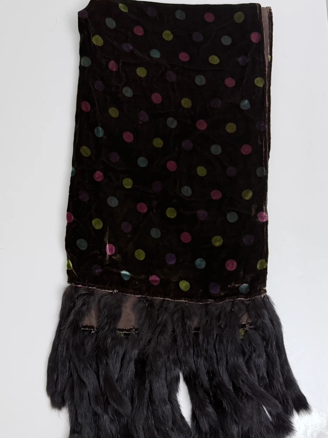 Real Mink Fur Brown Velvet Polka Dot Scarf