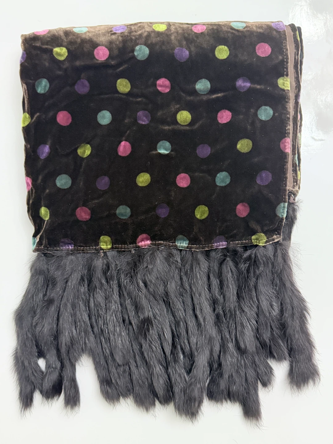 Real Mink Fur Brown Velvet Polka Dot Scarf - photo 2