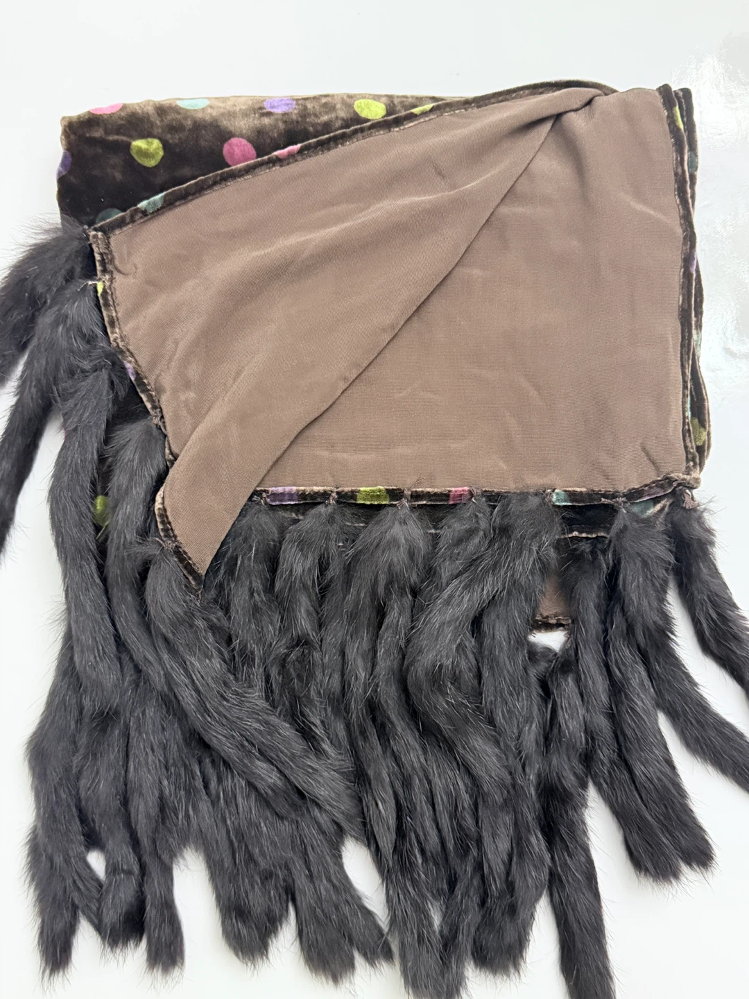 Real Mink Fur Brown Velvet Polka Dot Scarf - photo 3
