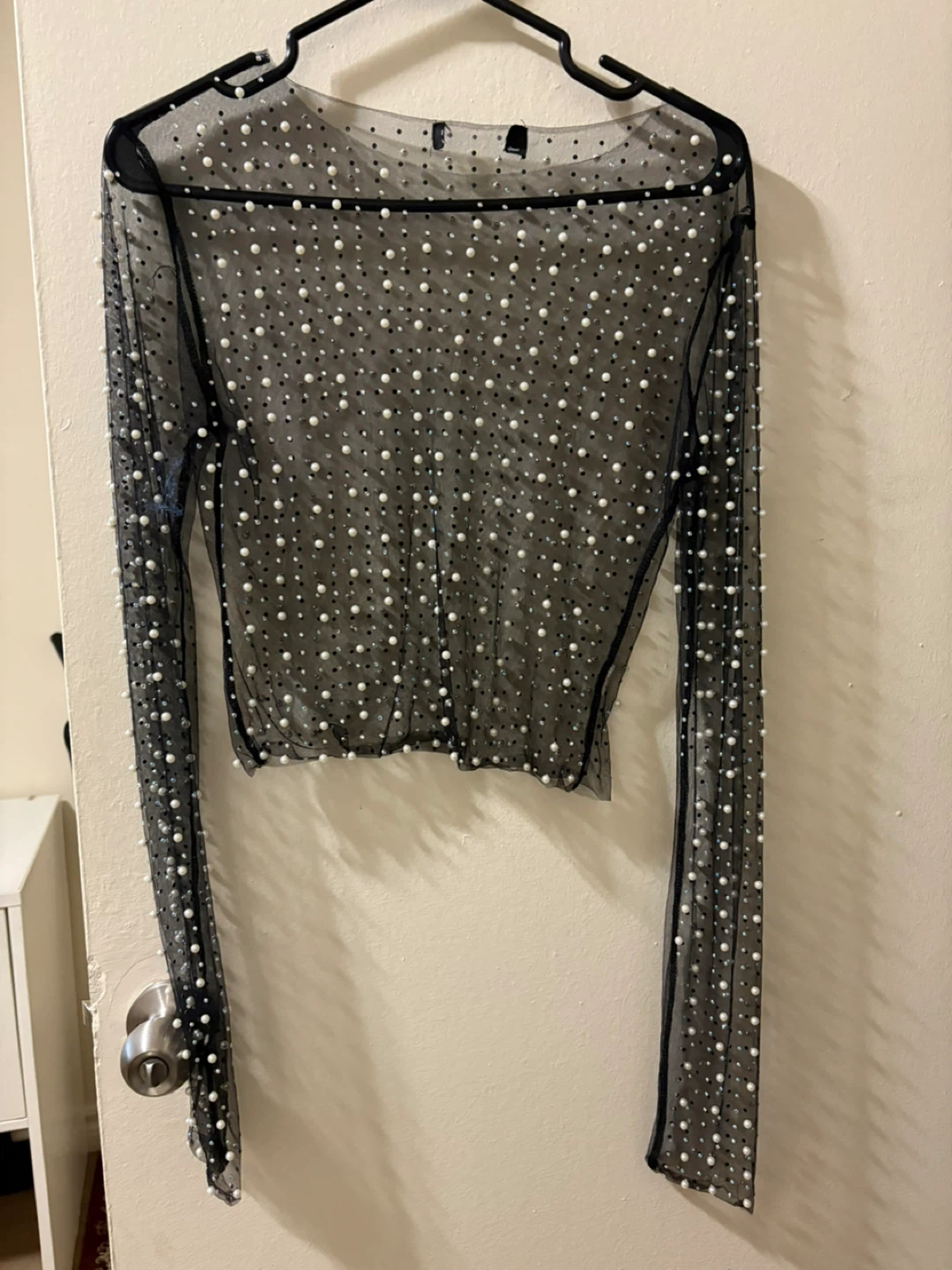 Sheer Black Mesh Pearl Embellished Long Sleeve Top - photo 3