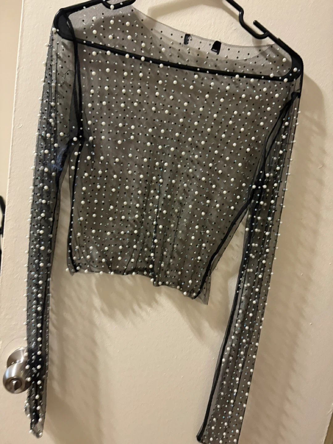 Sheer Black Mesh Pearl Embellished Long Sleeve Top