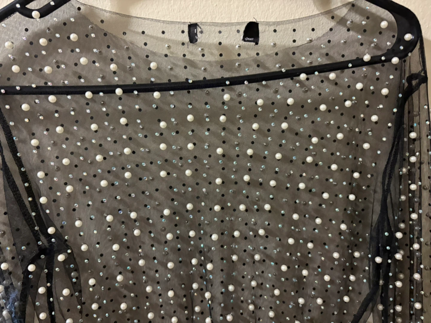 Sheer Black Mesh Pearl Embellished Long Sleeve Top - photo 2
