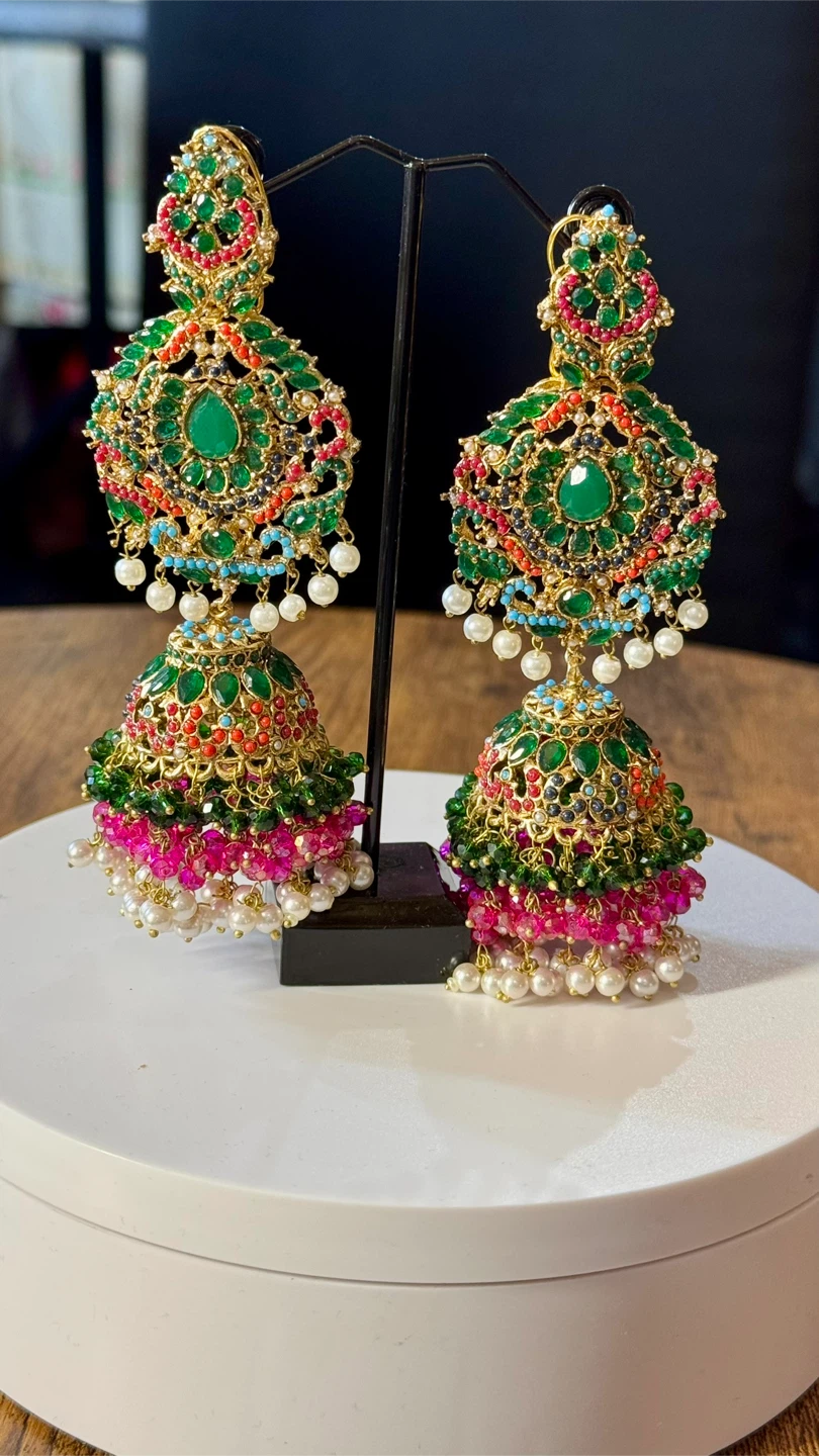 Stunning Gold Jhumka Earrings with Green Stones & Pearls