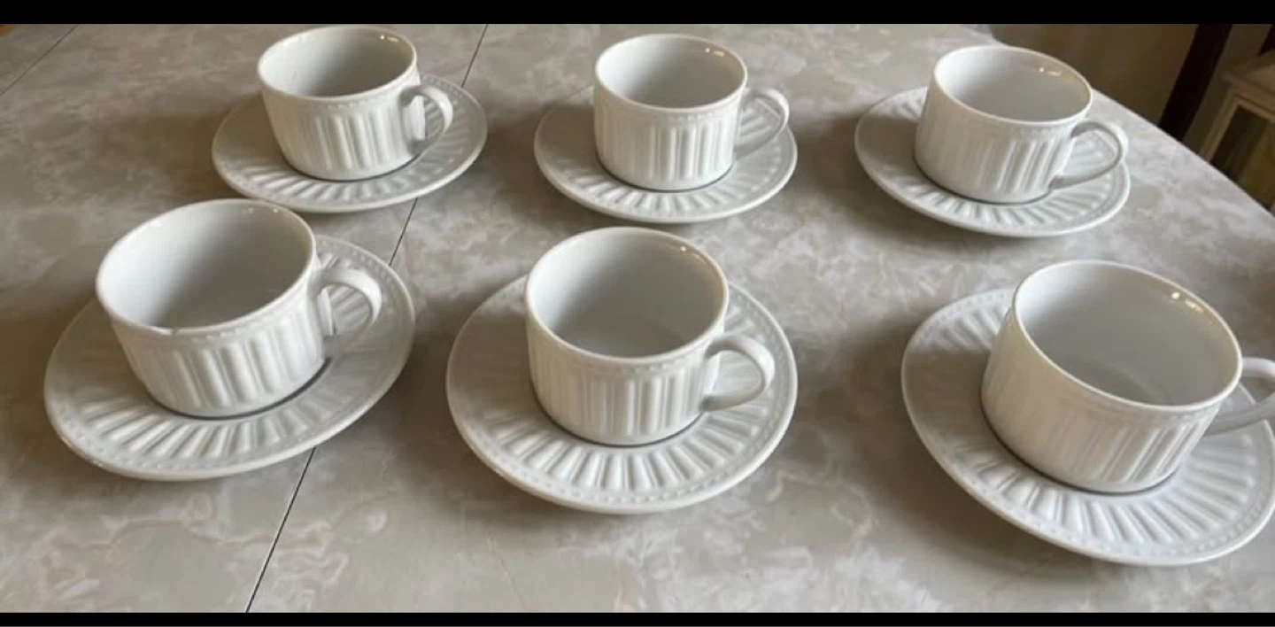 Set of 6 White Ceramic Coffee Cups and Saucers