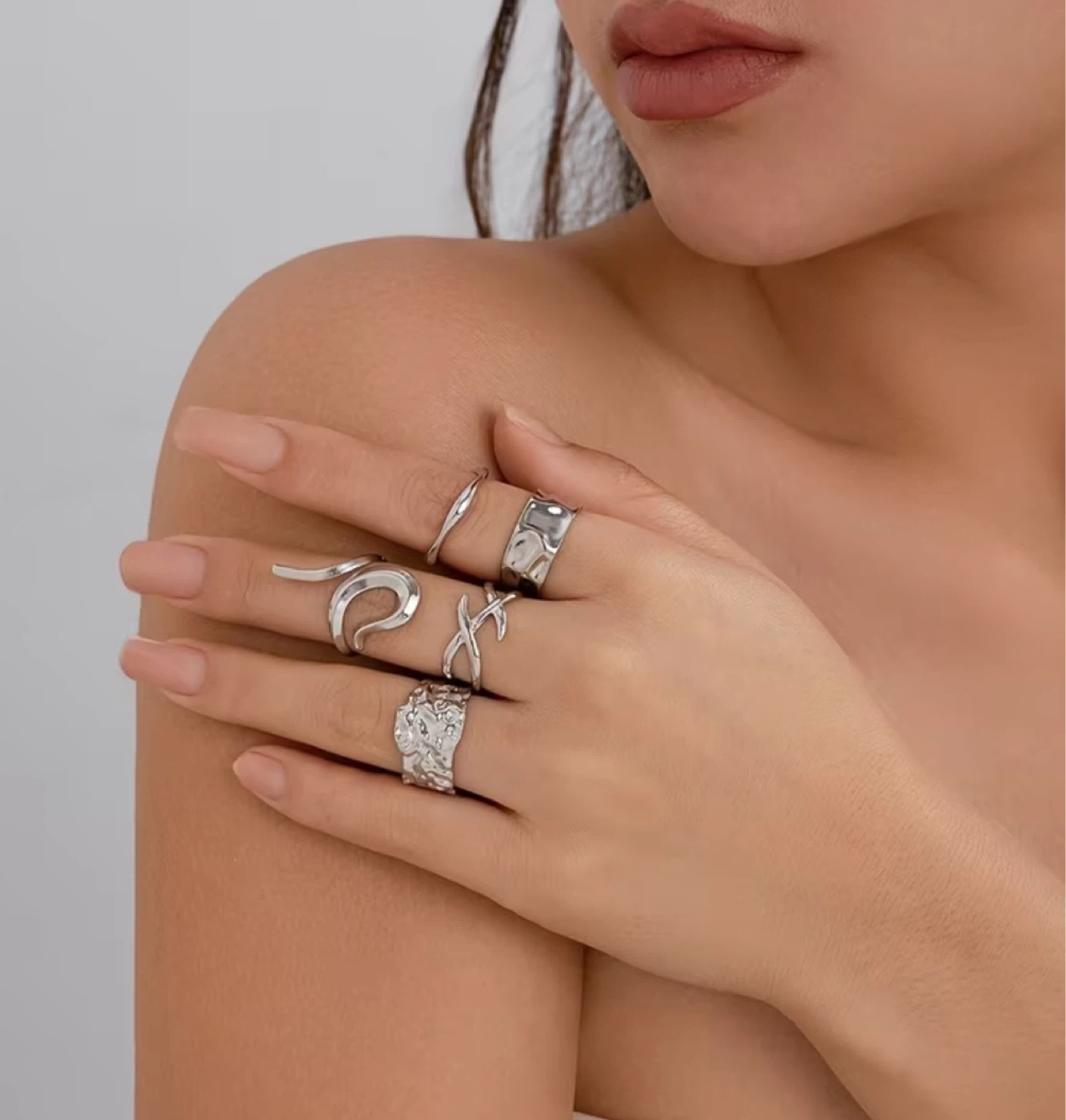 Silver Sculptural Ring Set – 5 Pieces - photo 2