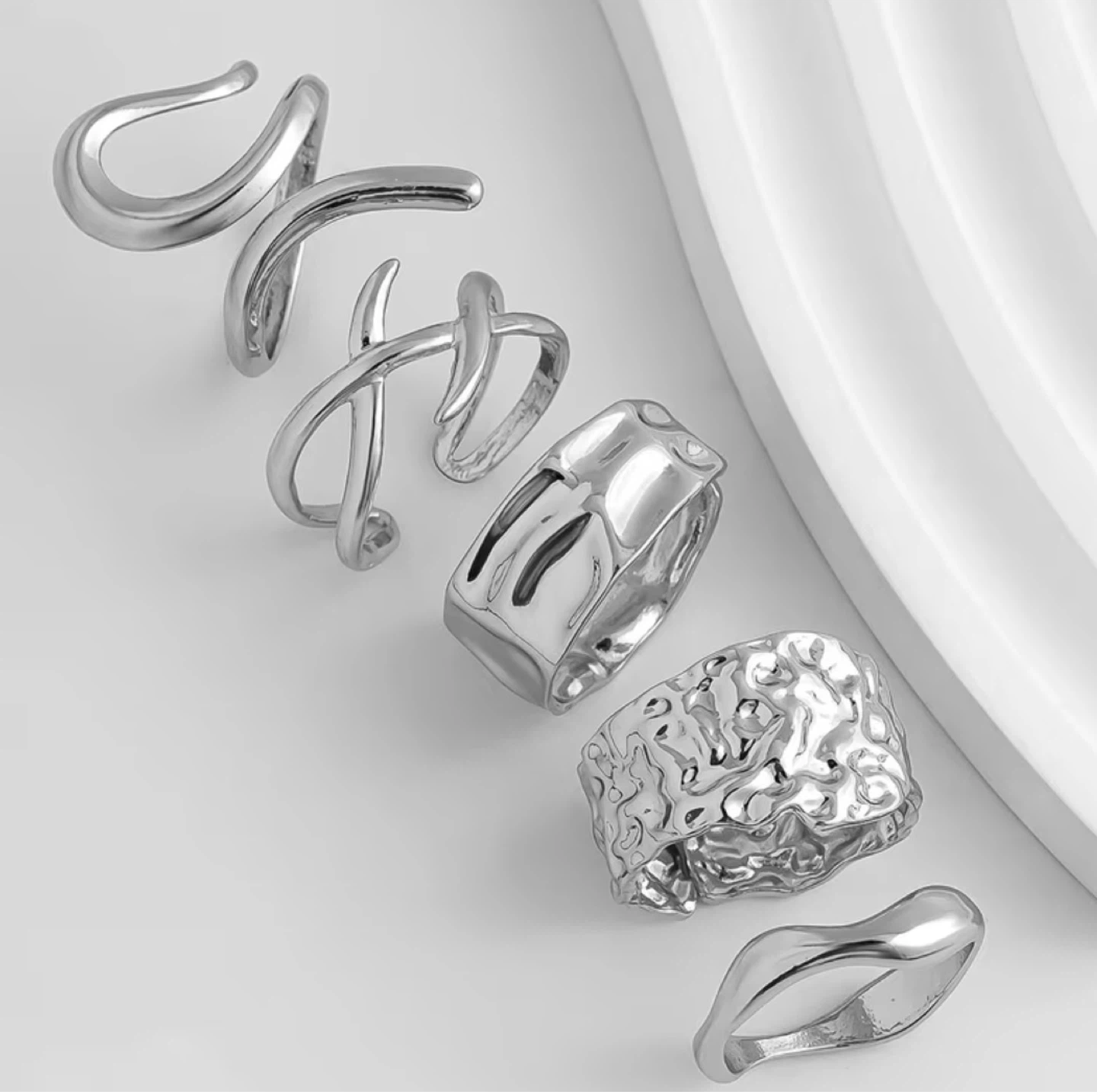 Silver Sculptural Ring Set – 5 Pieces - photo 4