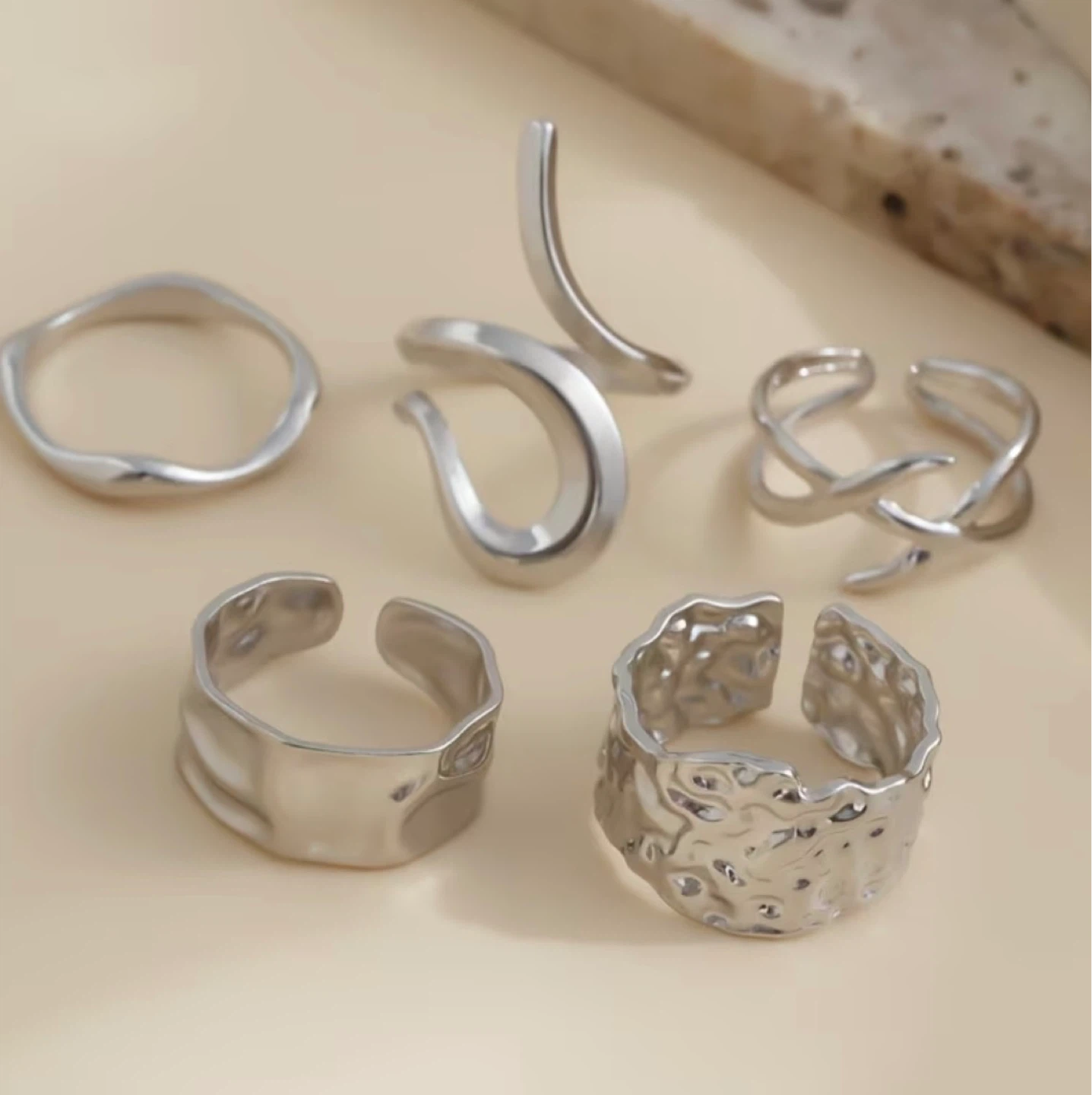 Silver Sculptural Ring Set – 5 Pieces