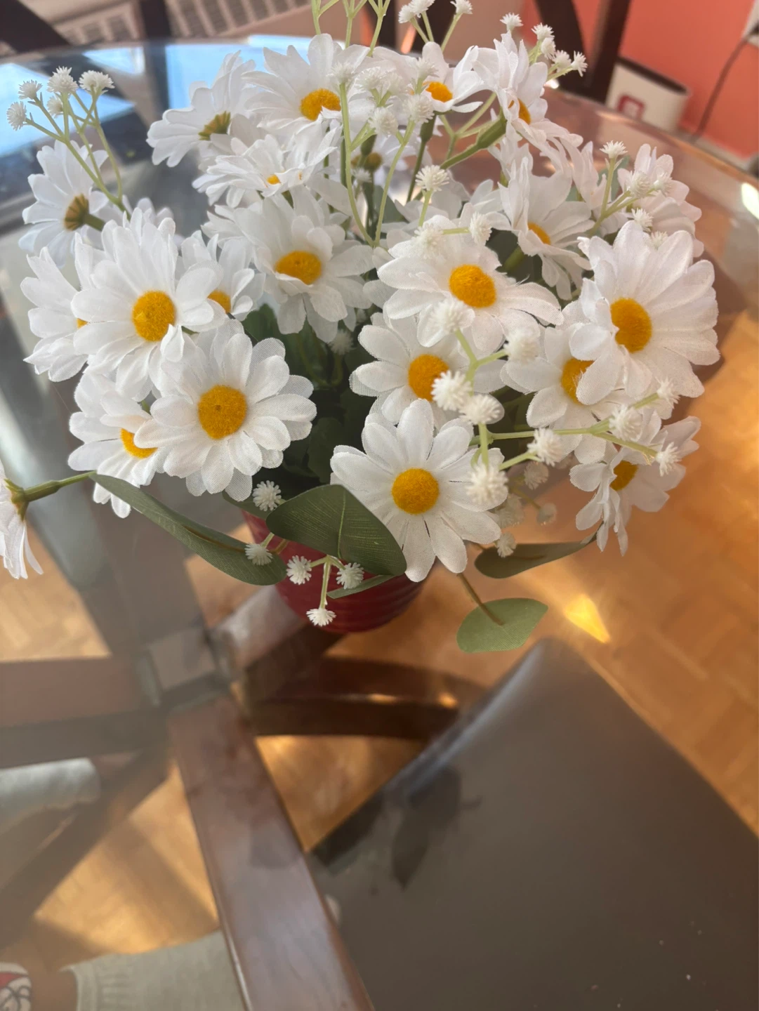 Artificial Daisy Flowers in Red Vase